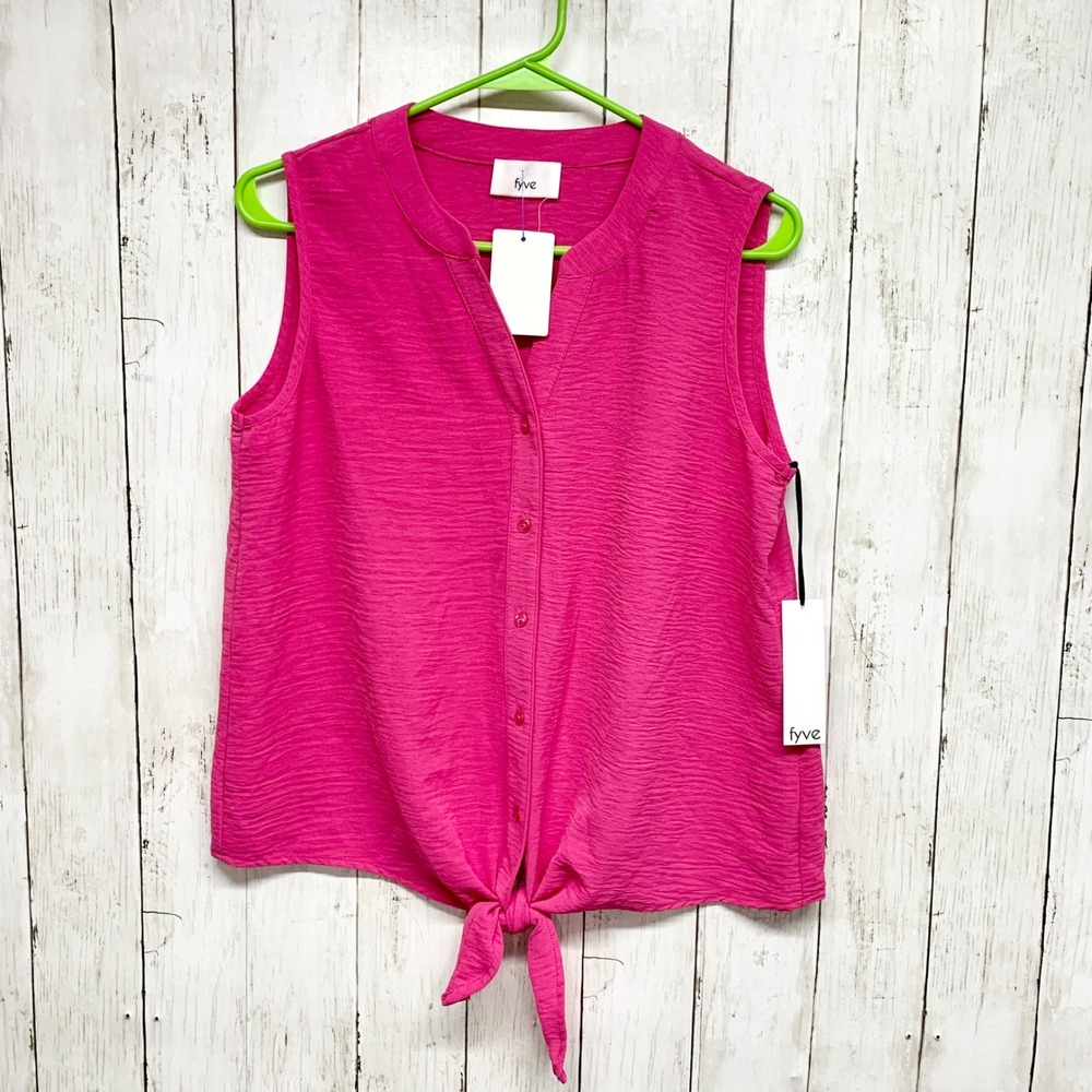 Fyve Front Tie Sleeveless Blouse Women Size S Pink Button Down Textured‎ Barbie